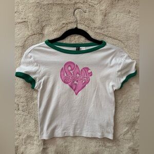 White crop top with pink print